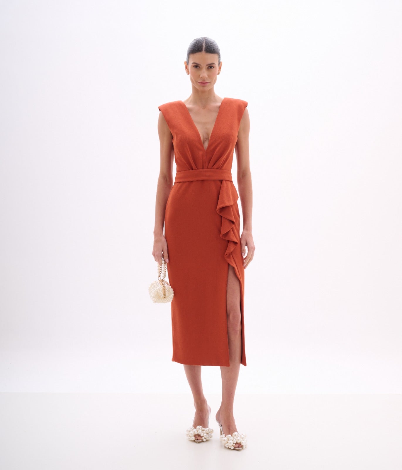VESTIDO MIDI BABADO LATERAL CREPE ARTE SACRA