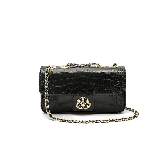 BOLSA ANNE EM COURO NEW CROCO PRETO OURO