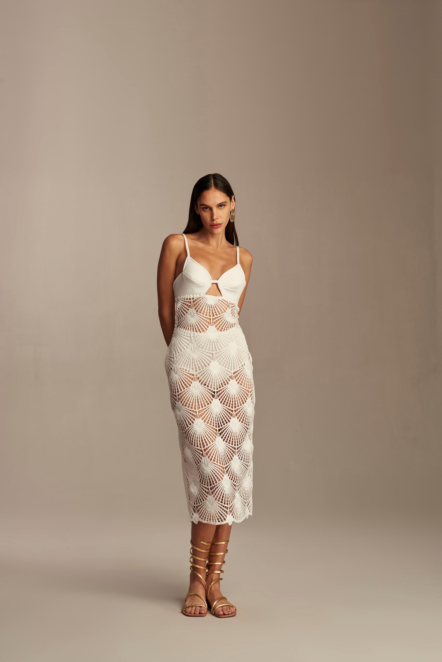 VESTIDO MIDI RENDA COM BANDAGEM SKAZI