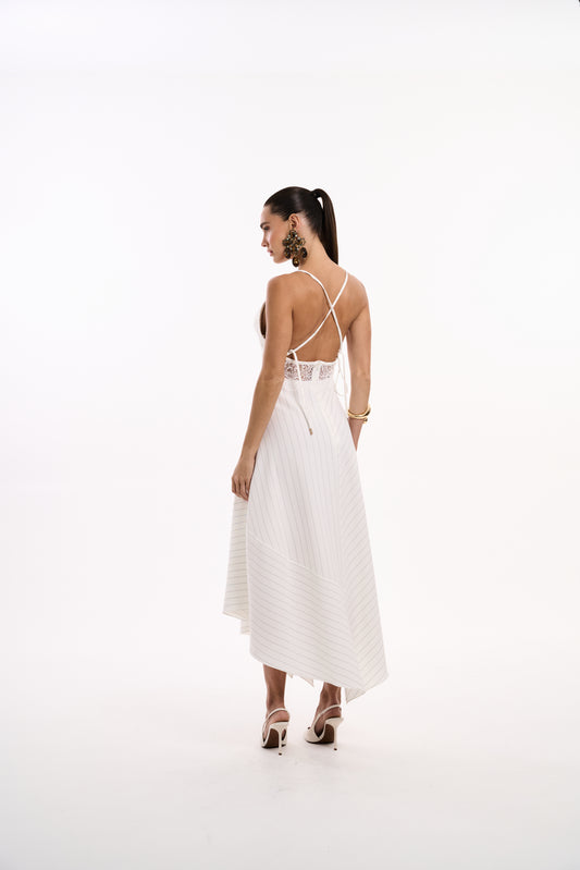 VESTIDO RISCA DE GIZ ASSIMÉTRICO RENDA KOHDE