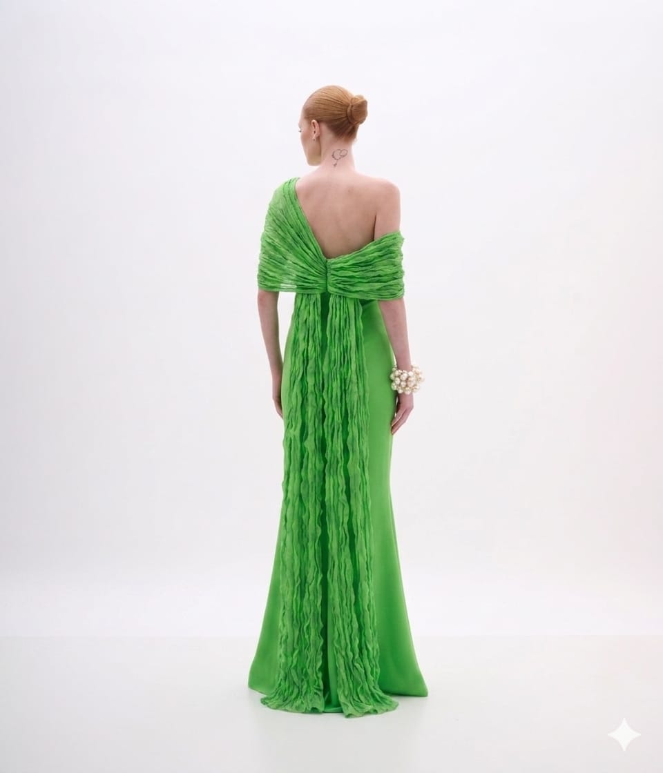 VESTIDO LONGO CAPA TARQUINADA CREPE VITORIA ENERGY GREEN ARTE SACRA