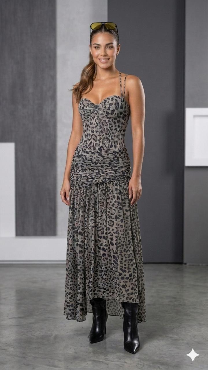 VESTIDO TULE LONGO FRANZIDO JAGUAR CAOS