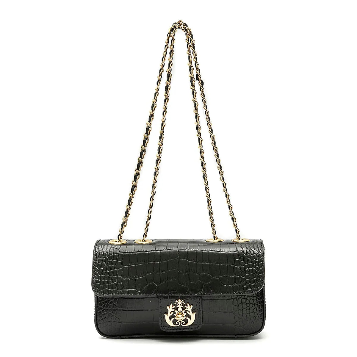 BOLSA ANNE EM COURO NEW CROCO PRETO OURO