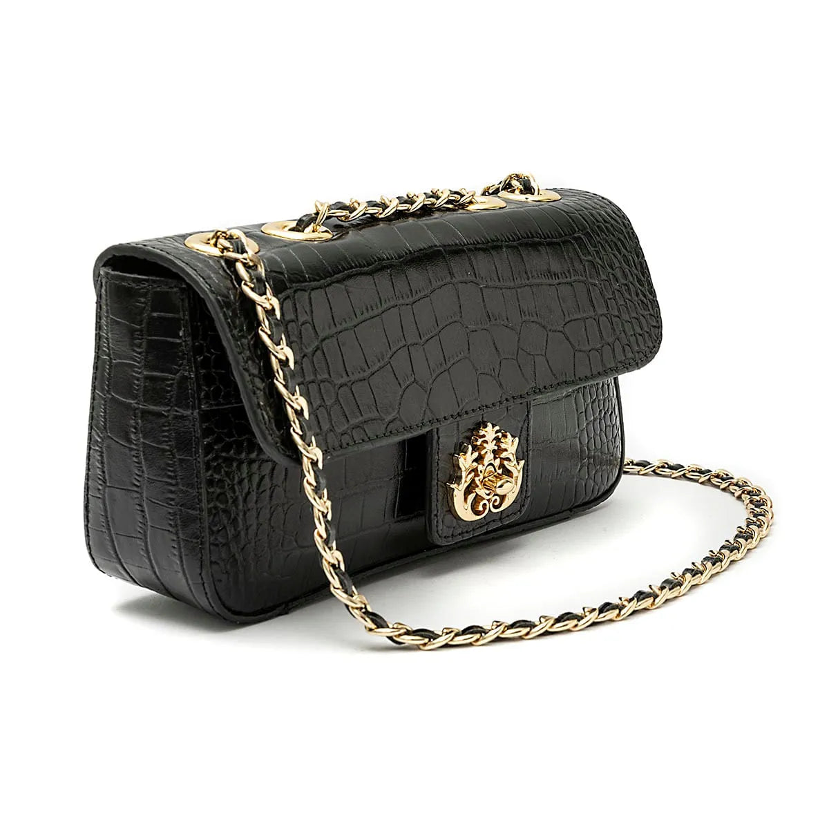 BOLSA ANNE EM COURO NEW CROCO PRETO OURO