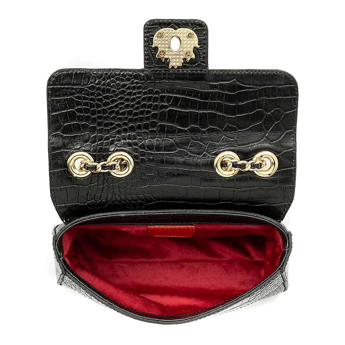 BOLSA ANNE EM COURO NEW CROCO PRETO OURO