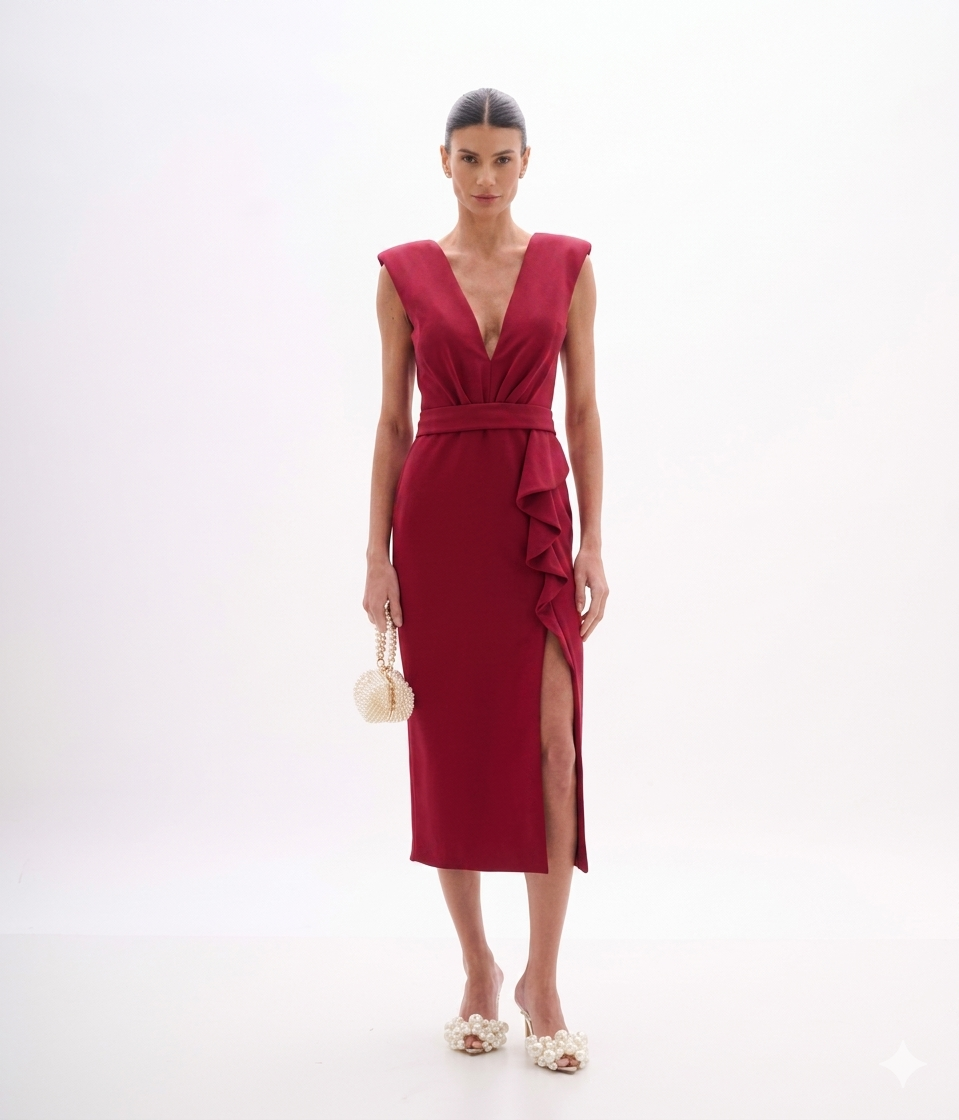 VESTIDO MIDI BABADO LATERAL CREPE ARTE SACRA