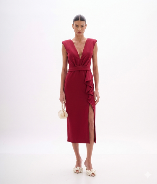 VESTIDO MIDI BABADO LATERAL CREPE ARTE SACRA
