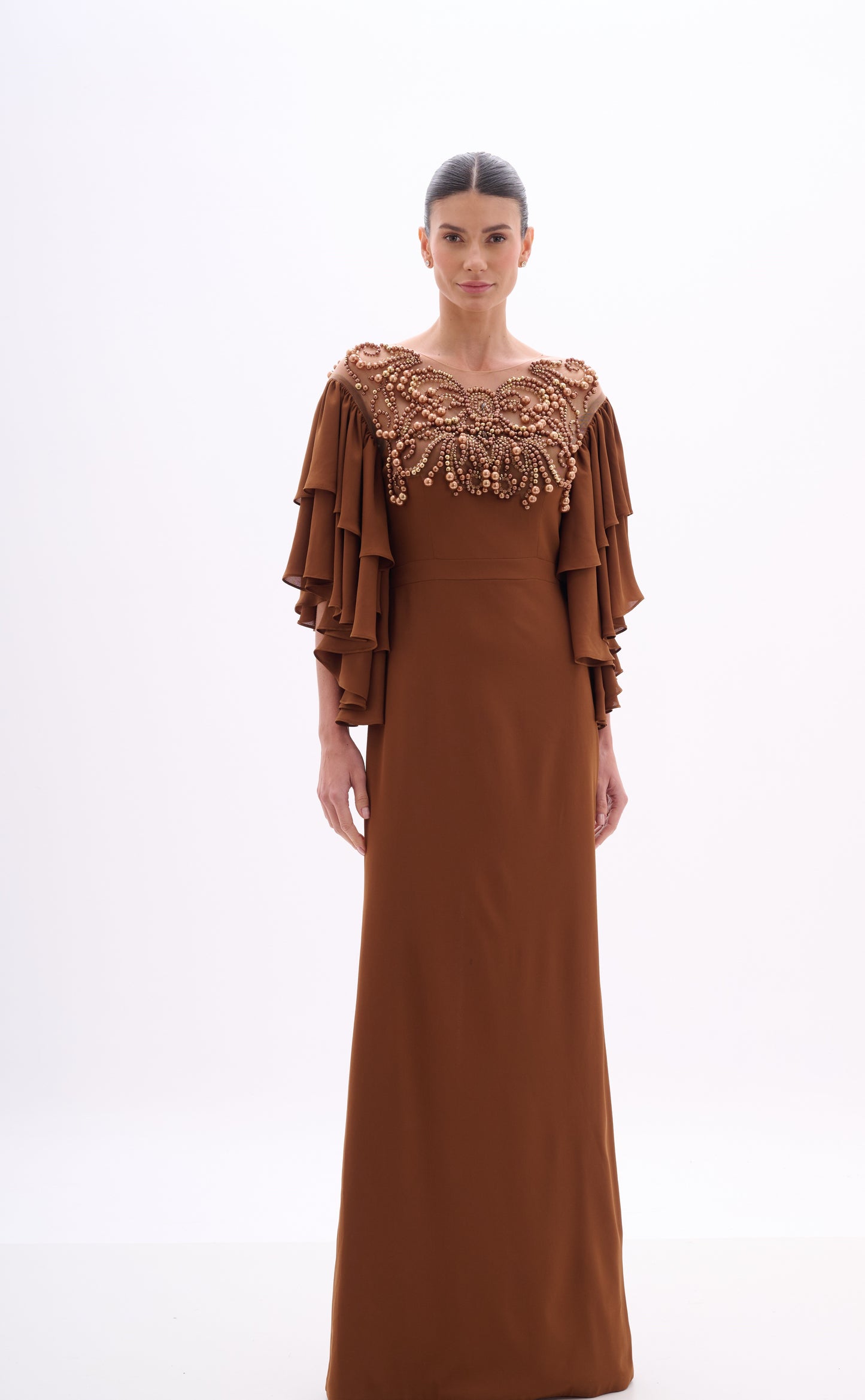 VESTIDO DE FESTA COM BORDADO DE PEROLAS ARTE SACRA