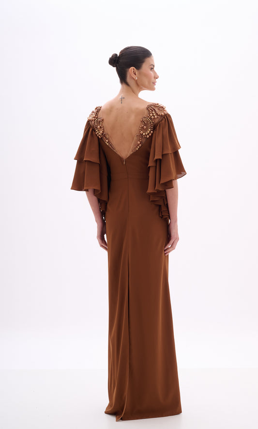 VESTIDO DE FESTA COM BORDADO DE PEROLAS ARTE SACRA