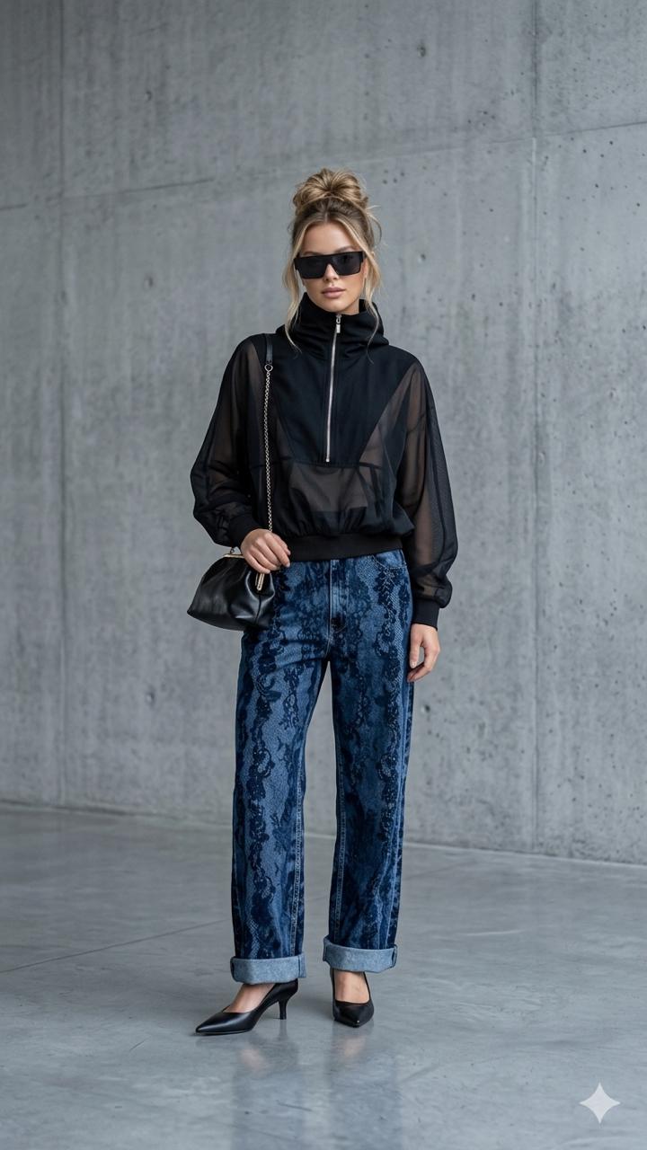 CALÇA JEANS WIDE LEG RENDA CAOS
