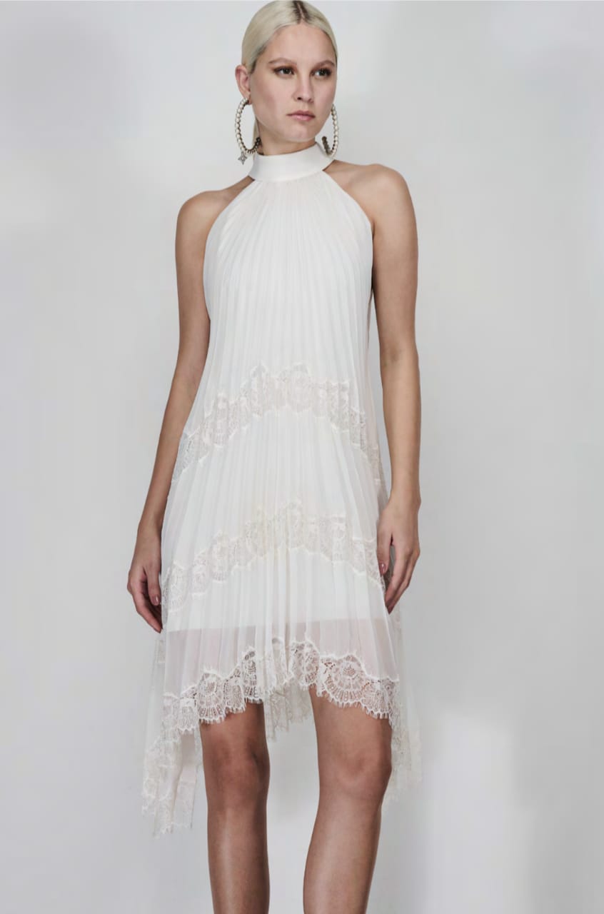 VESTIDO CURTO PLISSADO COM RENDA CAOS