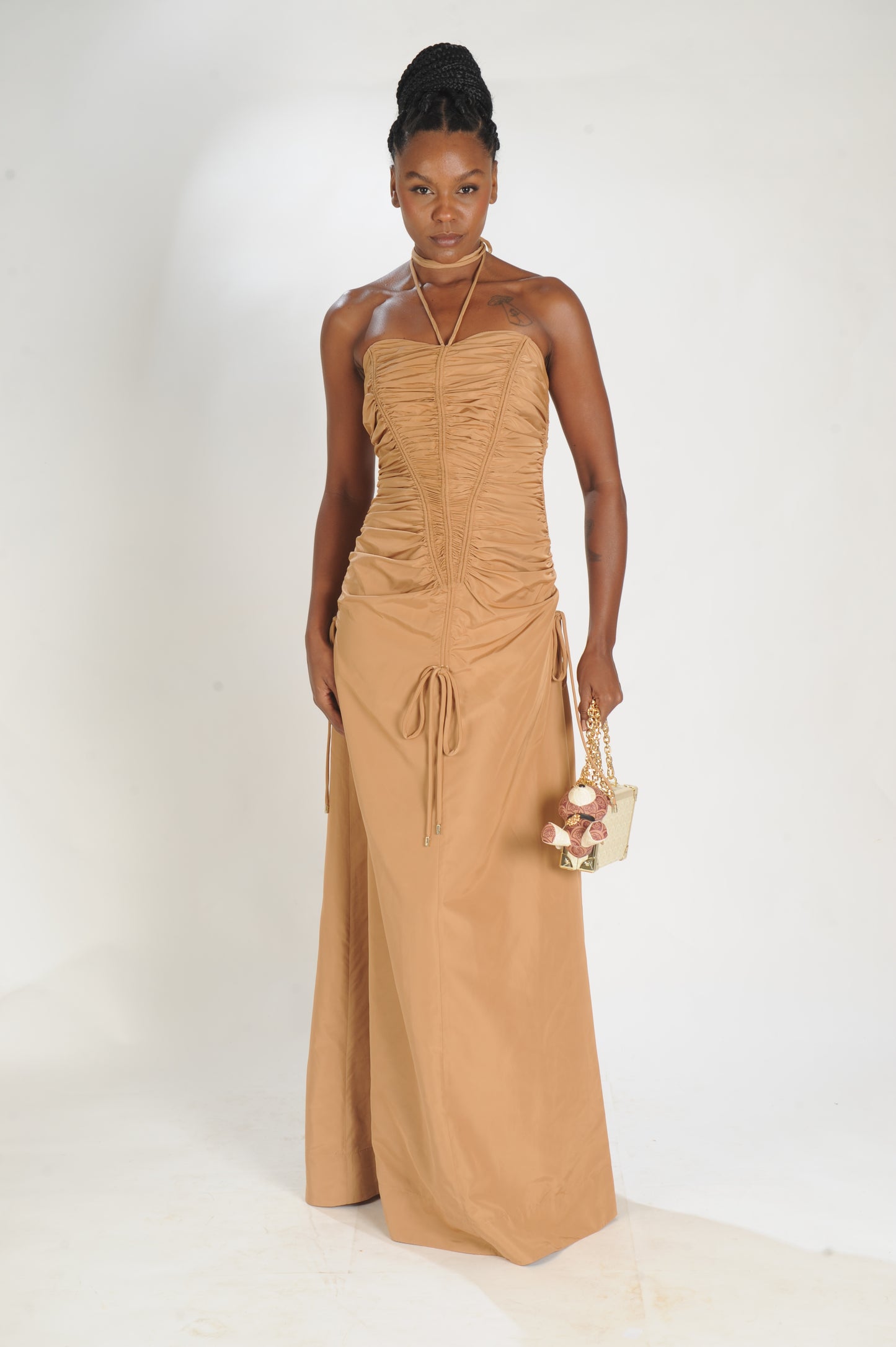 VESTIDO LONGO DE NYLON DRAPEADO CAOS