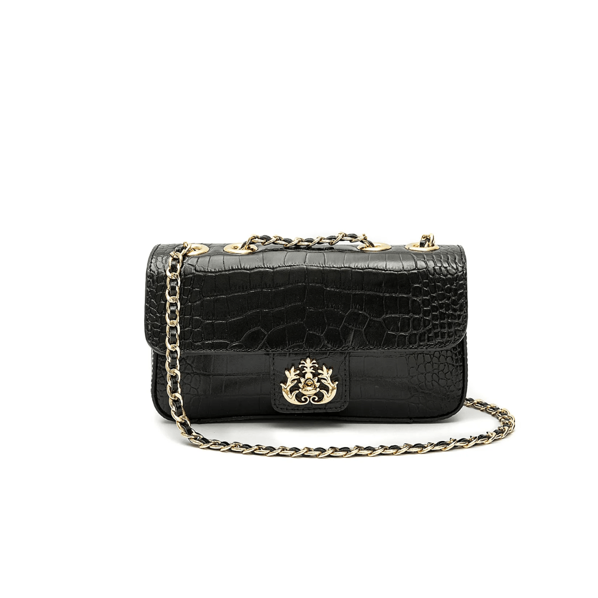 BOLSA ANNE EM COURO NEW CROCO PRETO OURO