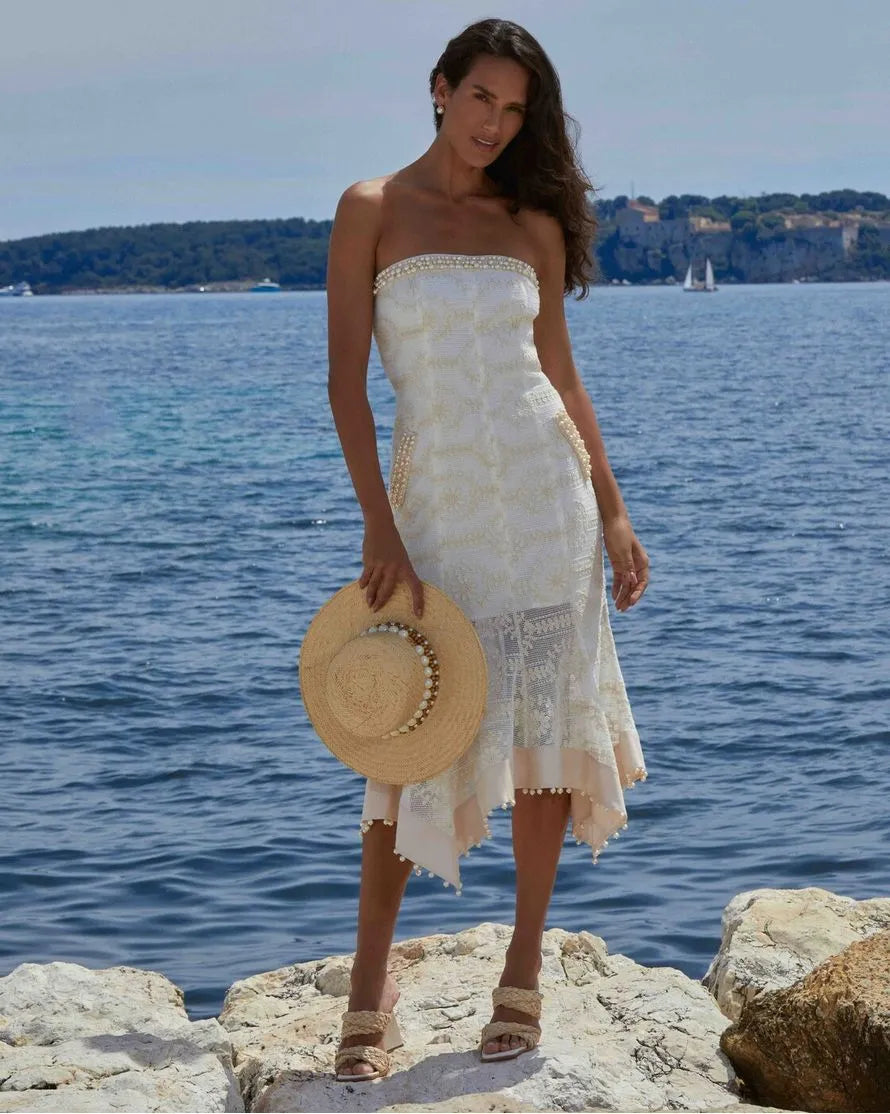 VESTIDO SEM ALÇAS MIDI COM PONTA ANNE FERNANDES