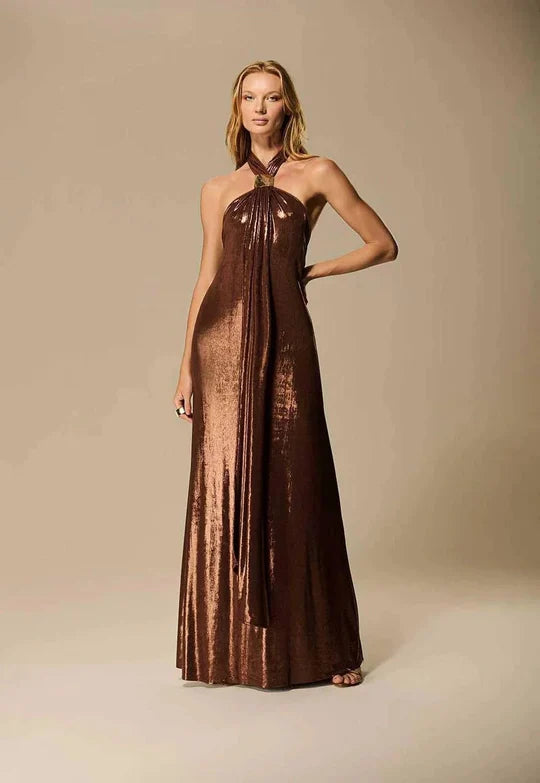 VESTIDO LONGO COM DETALHE DE METAL CAOS