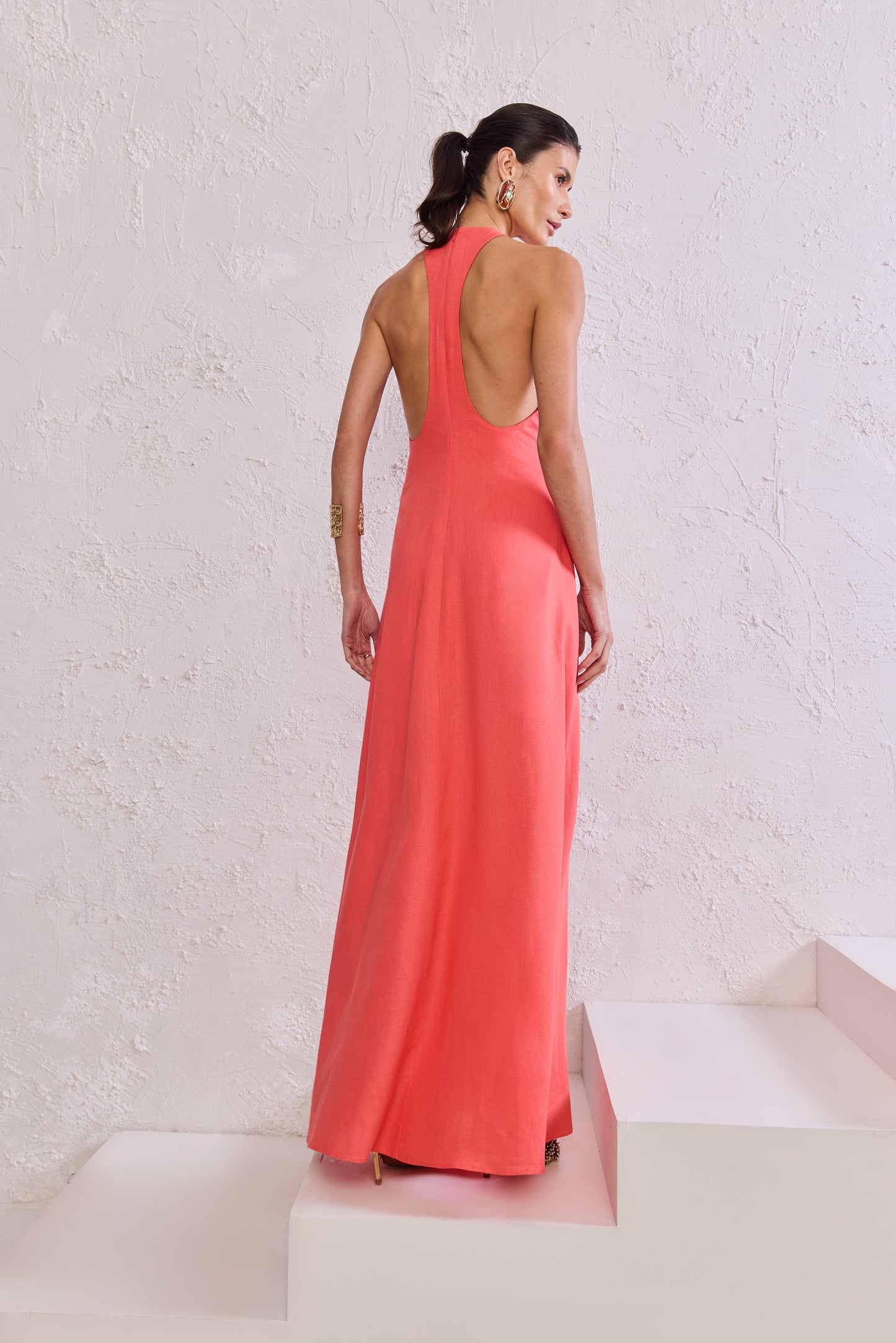 VESTIDO LONGO  FENDA LINHO LEVE SKAZI