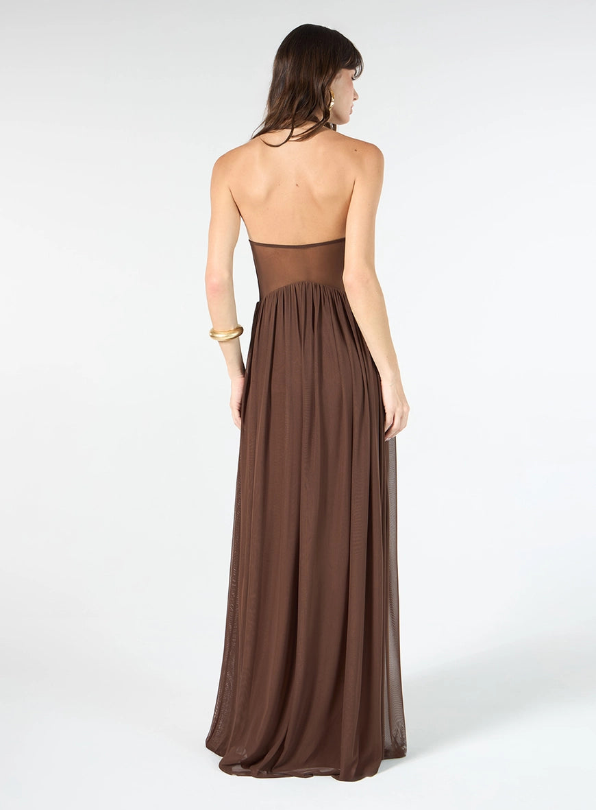 VESTIDO LONGO TULE MARROM SKAZI