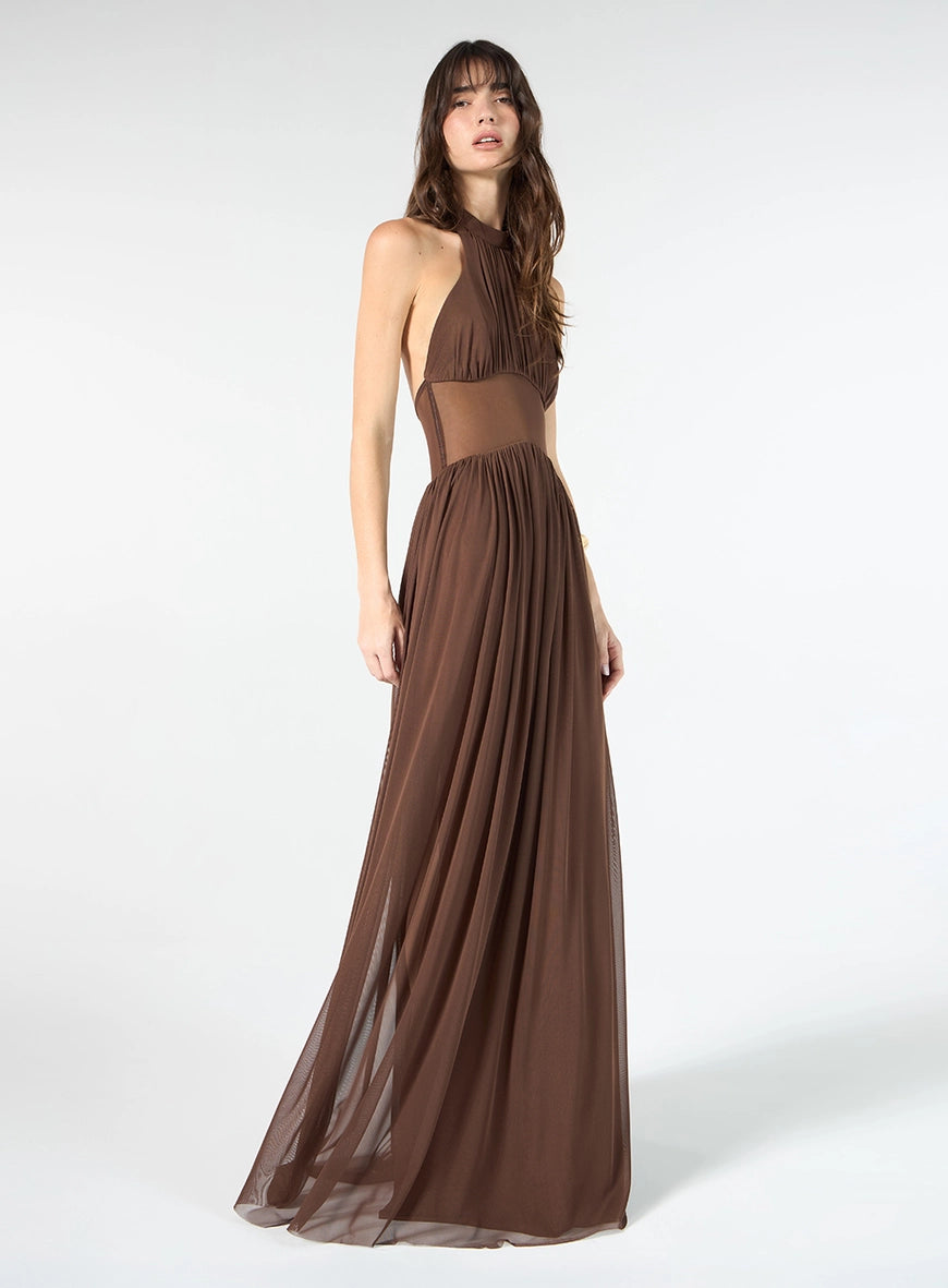 VESTIDO LONGO TULE MARROM SKAZI