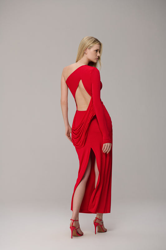 VESTIDO UM OMBRO FAIXA MANGA CAOS