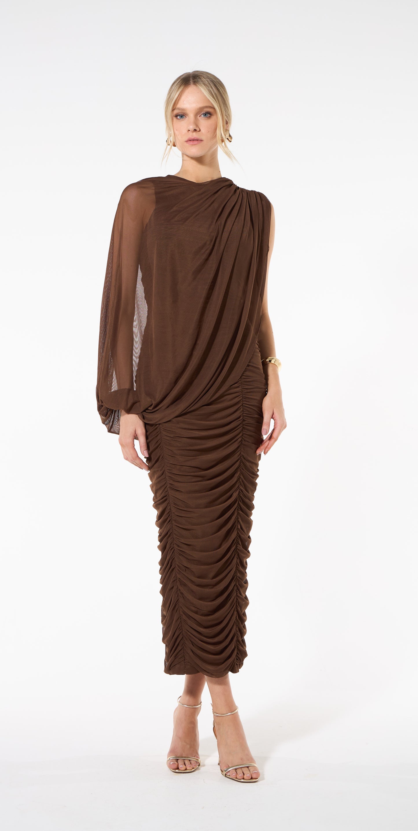 VESTIDO MIDI TULE MARROM CHOCO SKAZI