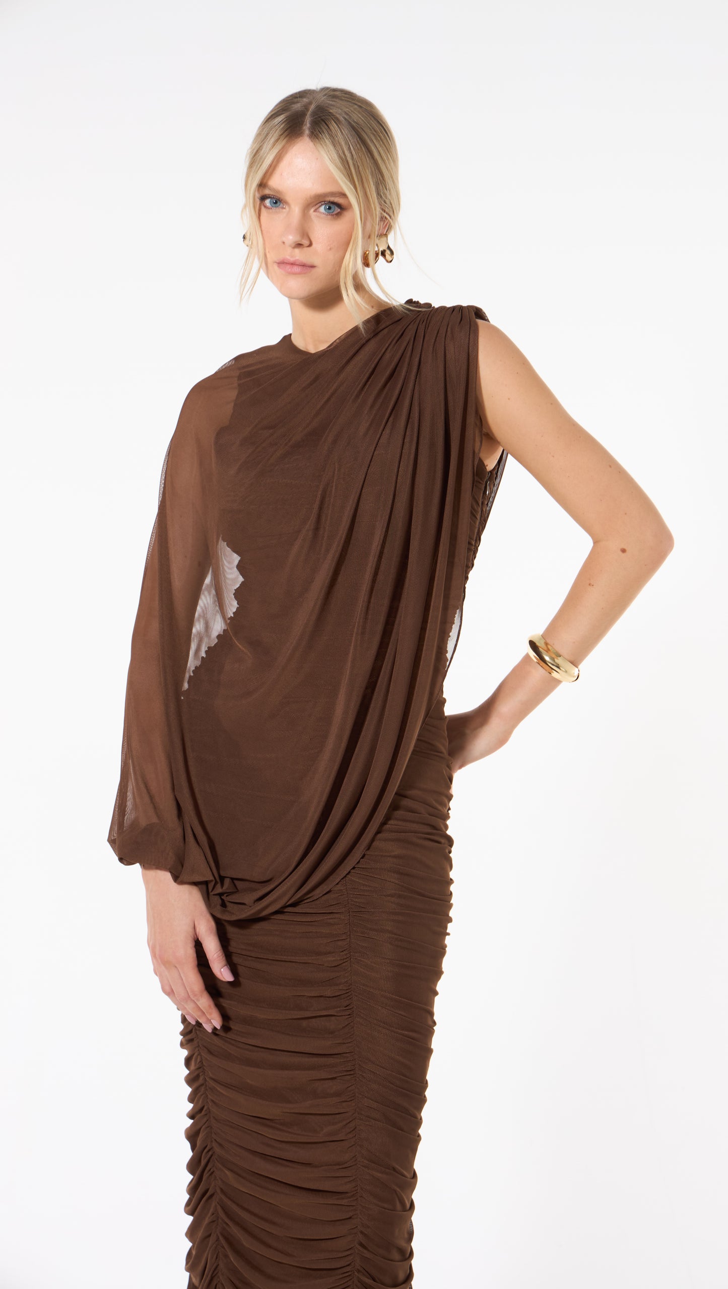 VESTIDO MIDI TULE MARROM CHOCO SKAZI