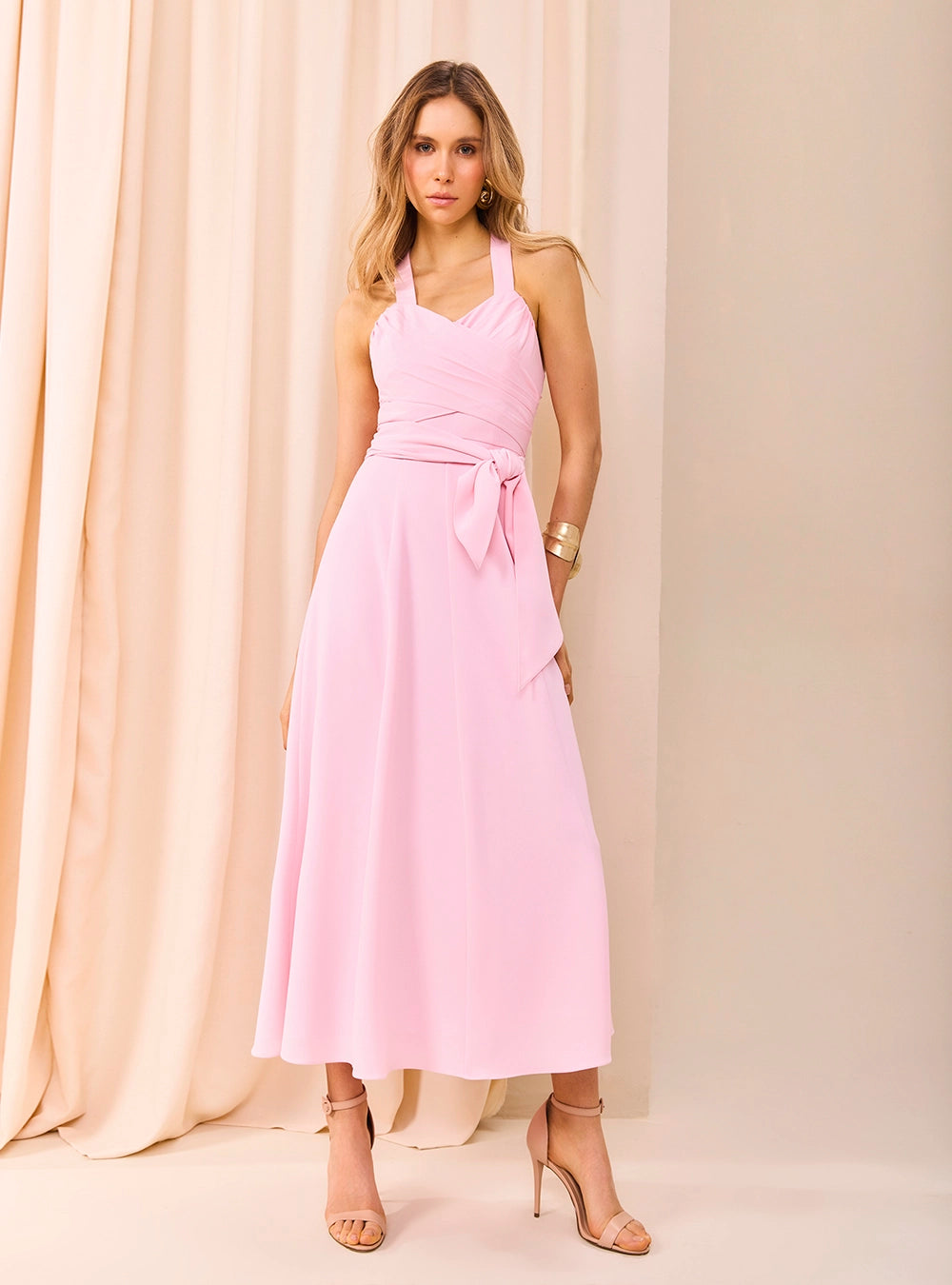 VESTIDO MIDI CRUZADO ROSA TALCO