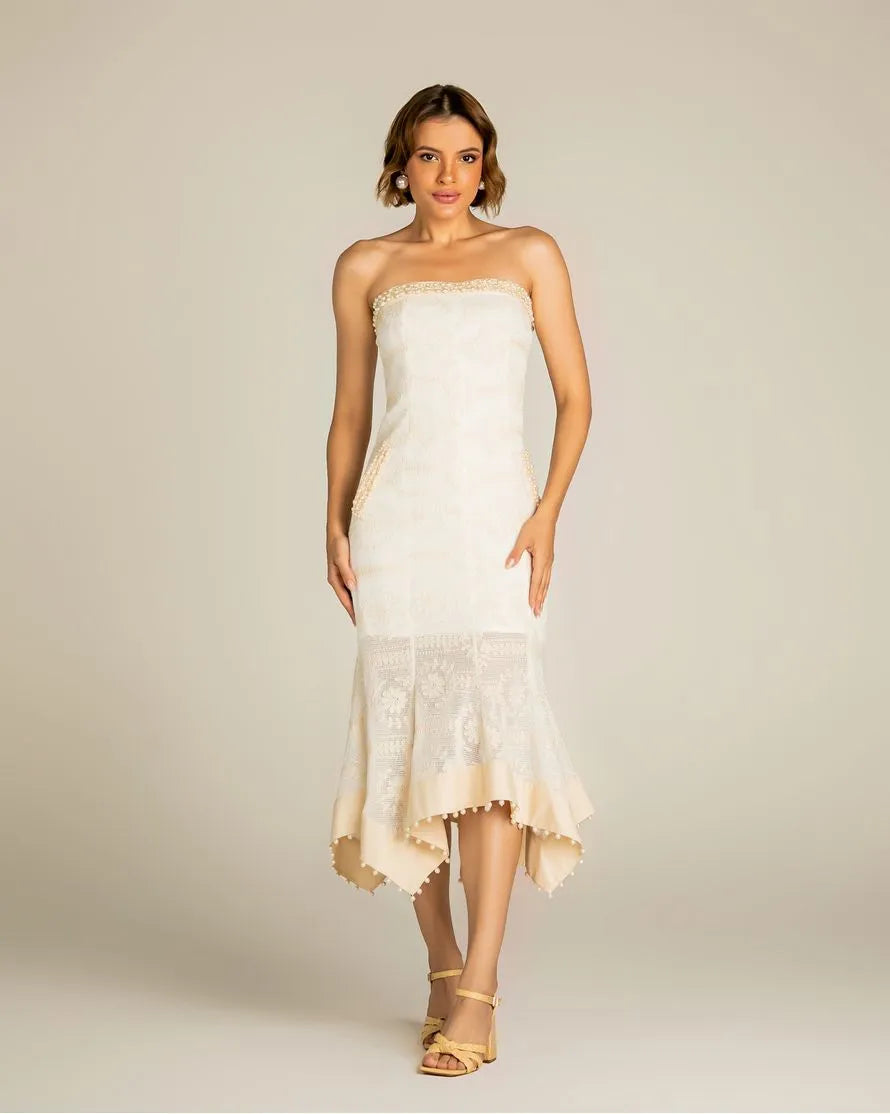 VESTIDO SEM ALÇAS MIDI COM PONTA ANNE FERNANDES