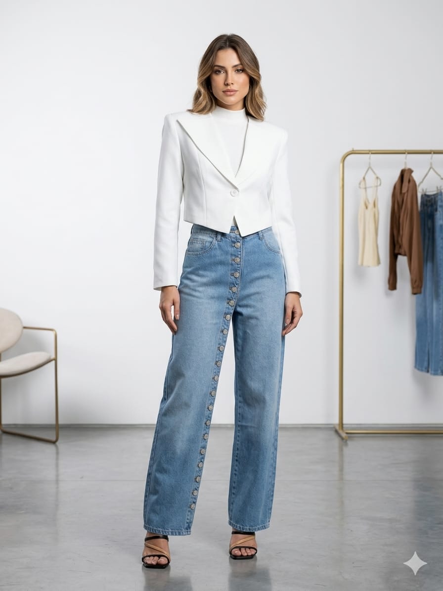 CALÇA JEANS BOTÕES NA FRENTE CAOS