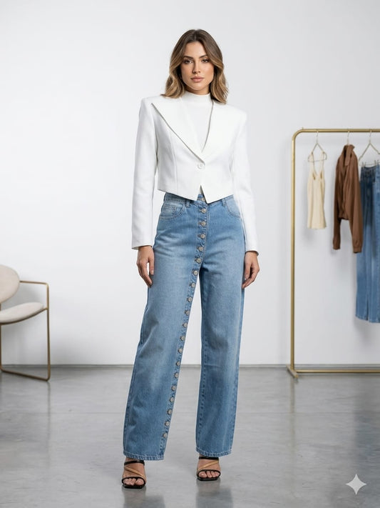 CALÇA JEANS BOTÕES NA FRENTE CAOS