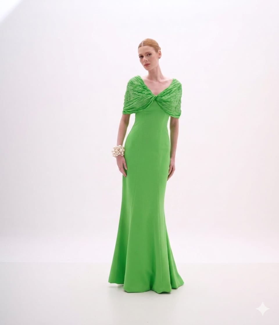 VESTIDO LONGO CAPA TARQUINADA CREPE VITORIA ENERGY GREEN ARTE SACRA
