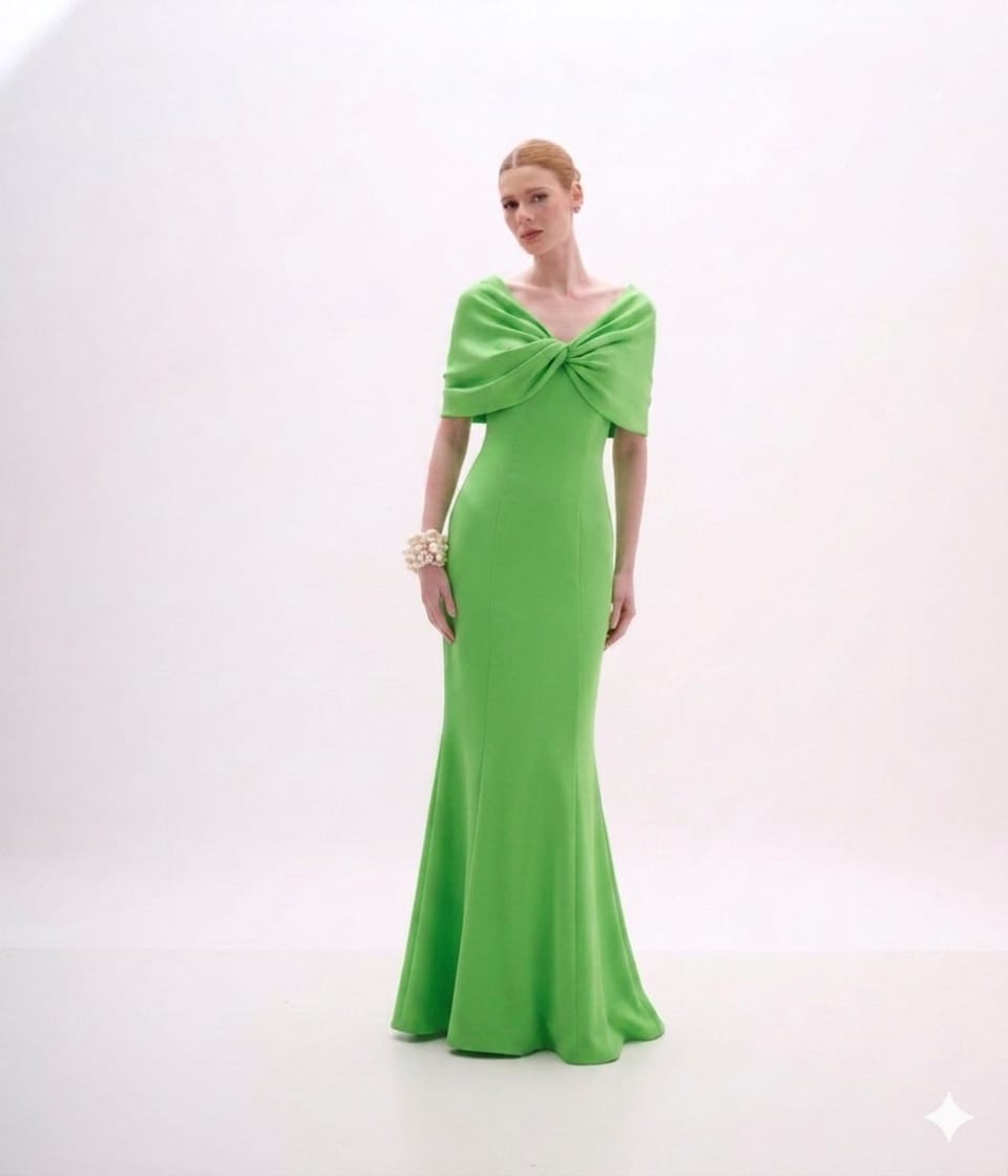 VESTIDO LONGO CAPA TARQUINADA CREPE VITORIA ENERGY GREEN ARTE SACRA