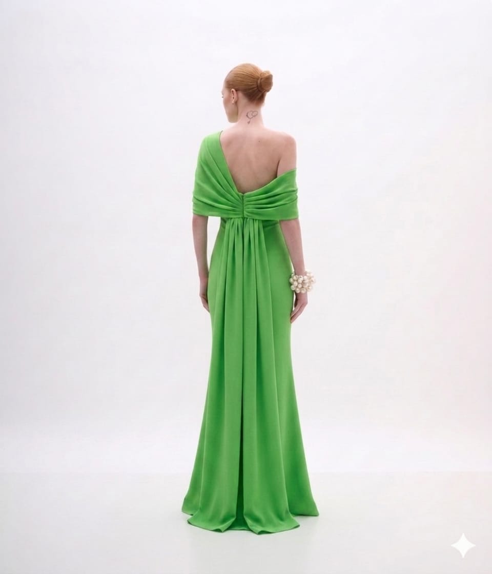VESTIDO LONGO CAPA TARQUINADA CREPE VITORIA ENERGY GREEN ARTE SACRA