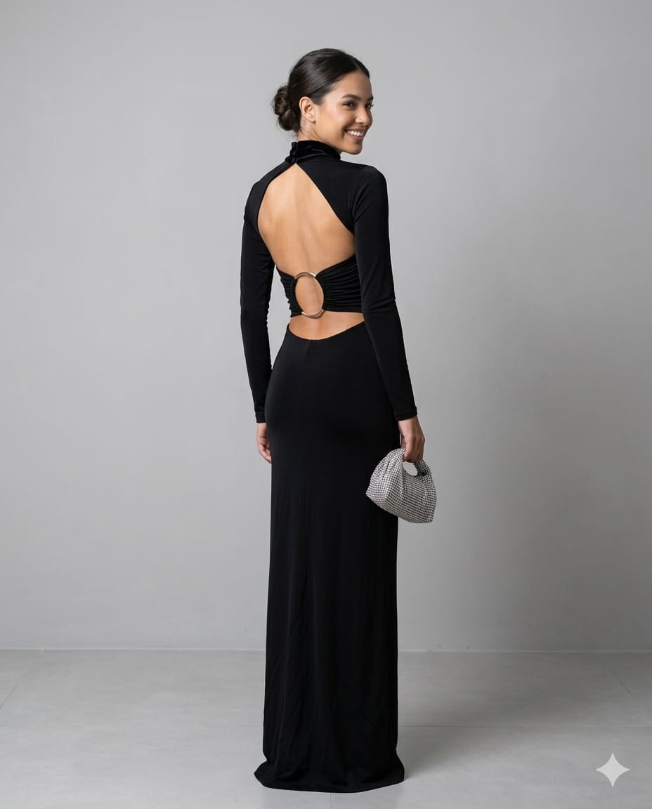 VESTIDO FRANZIDO ARO METAIS COSTAS CAOS